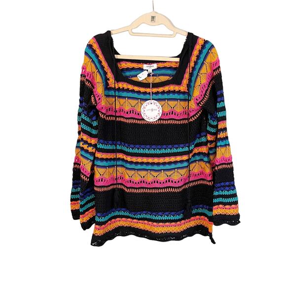Umgee Sweaters - UMGEE Women's Multicolor Square Neck Crochet Knitted Pullover Sweater Large NWT
